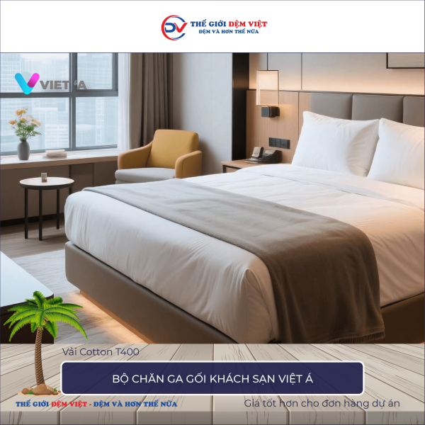 Bộ chăn ga gối khách sạn Việt Á vải Cotton T400 4-2